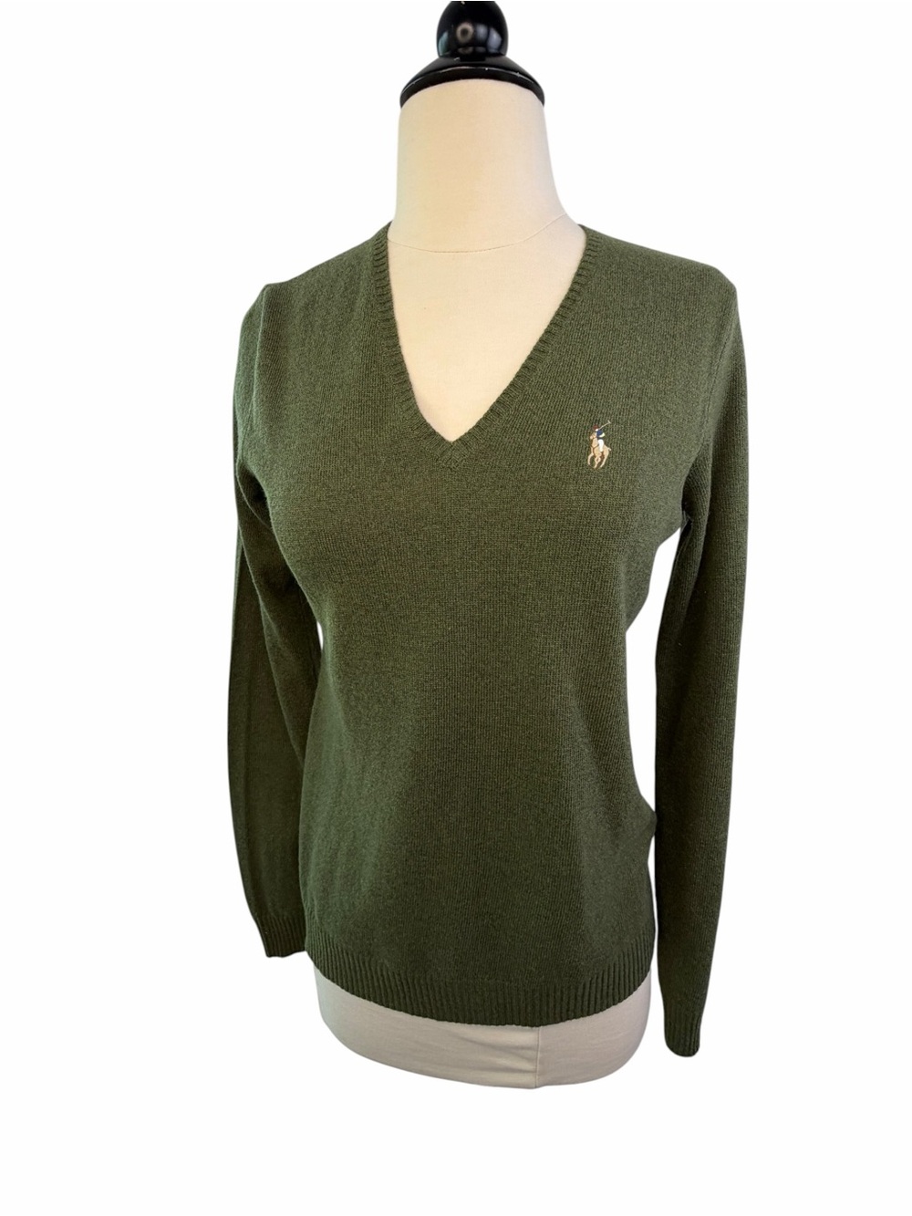 Ralph Lauren Sport Olive V-Neck Merino Wool Sweater Polo Horse Med - Picture 8 of 13